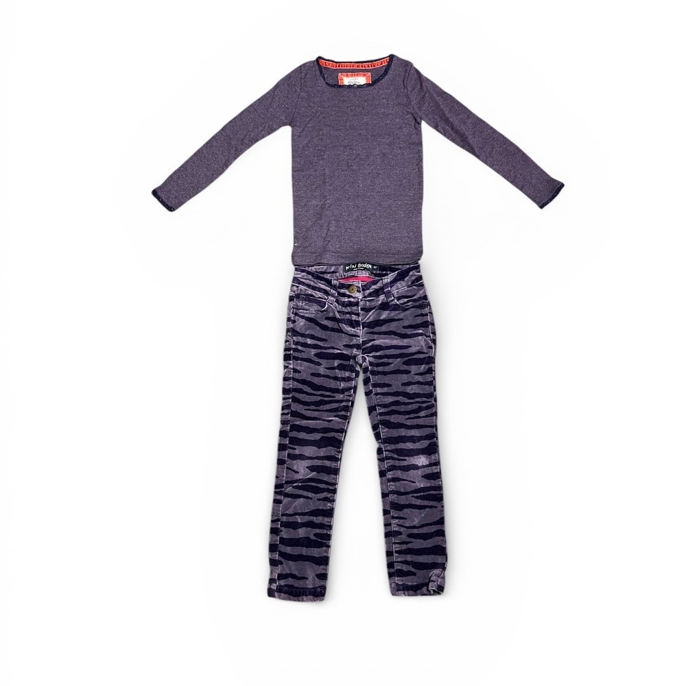 Mini Boden Girls Purple Tiger‎ Print Velvet Pants Long Sleeve Top Outfit Set 5Y